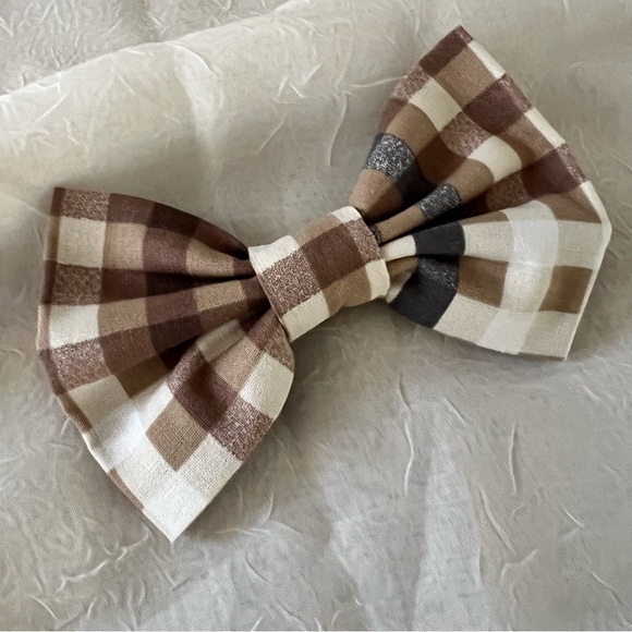 Bow Hair Clip, French Clip, Brown, Cream, White, & Gray Plaid Cotton, 5 x 3.5 in - Picture 2 of 4